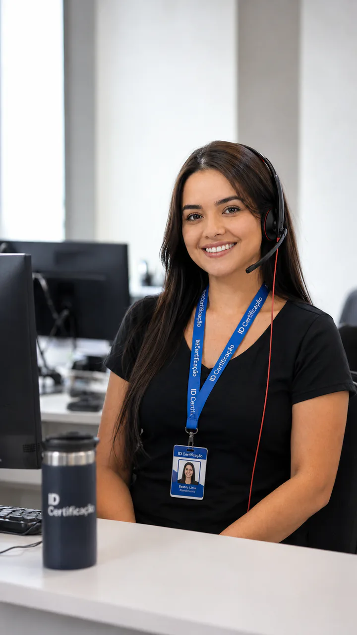 Especialista da ID Certificação com headset em uma estação de atendimento.
